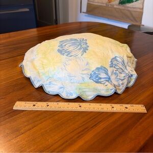 Vintage D Porthault Floral Scalloped Throw Accent Pillow Blue Green White Flax